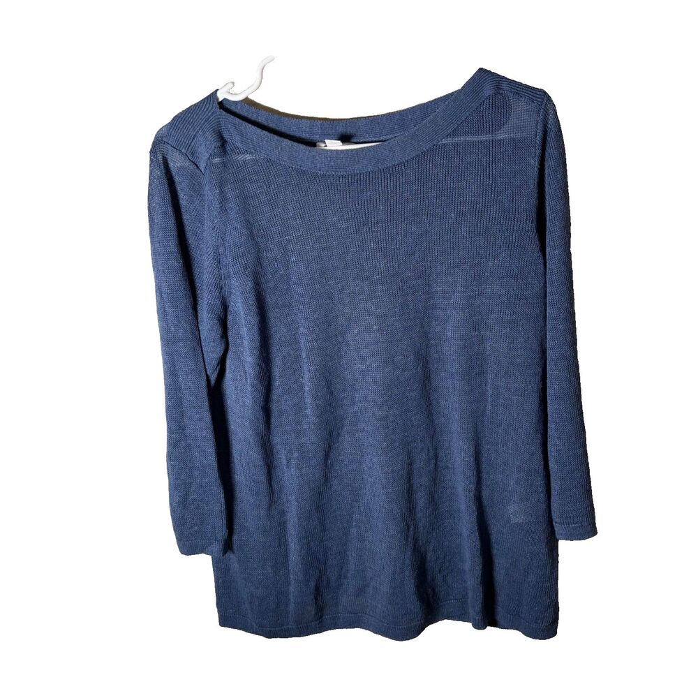 J Jill Sweater Women's Petite Medium Blue Knit Linen Blend Sheer 3/4 Sleeve